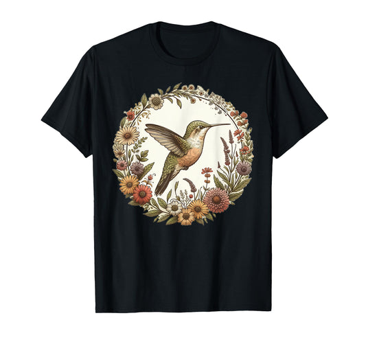 Cute Cottagecore Aesthetic Hummingbird Bird Flowers T-Shirt