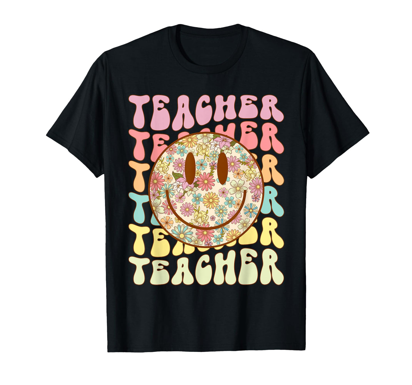Groovy Retro Teacher Floral Smile Face Back To School T-Shirt
