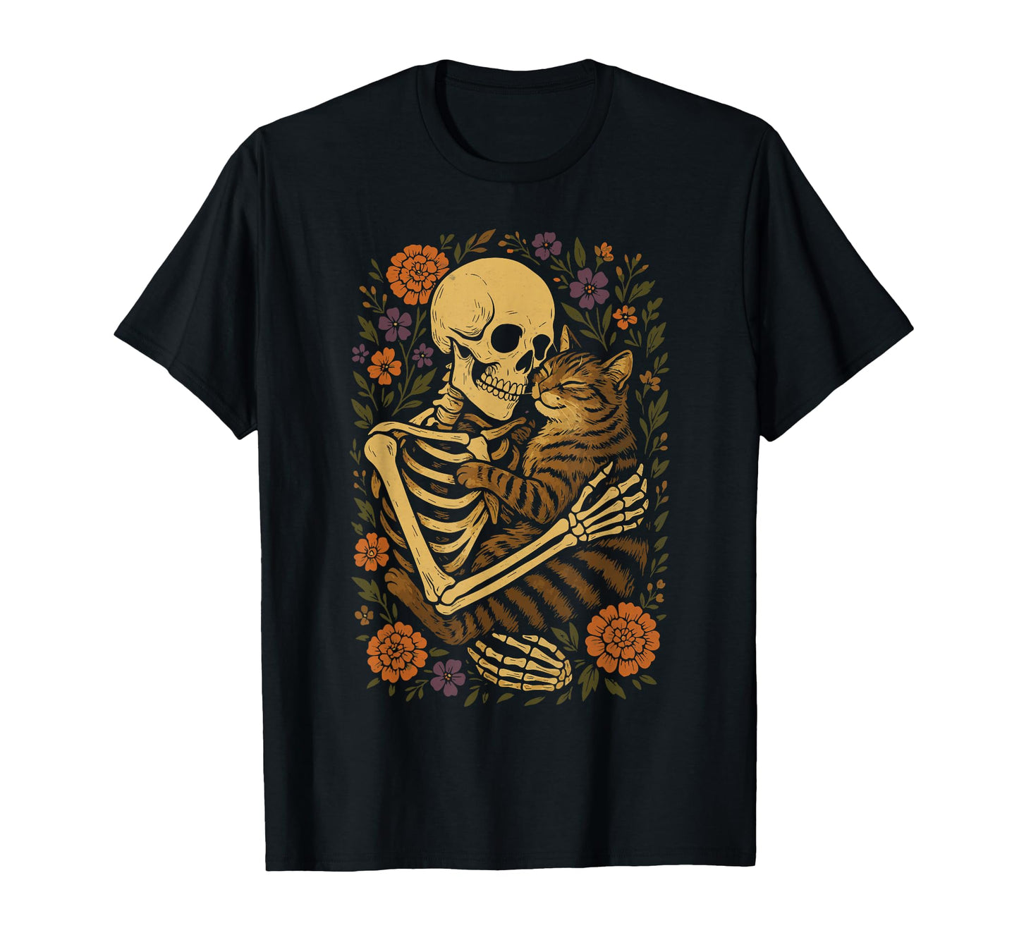 Skeleton Hugging Cat Halloween Gothic Floral Cat Lover T-Shirt