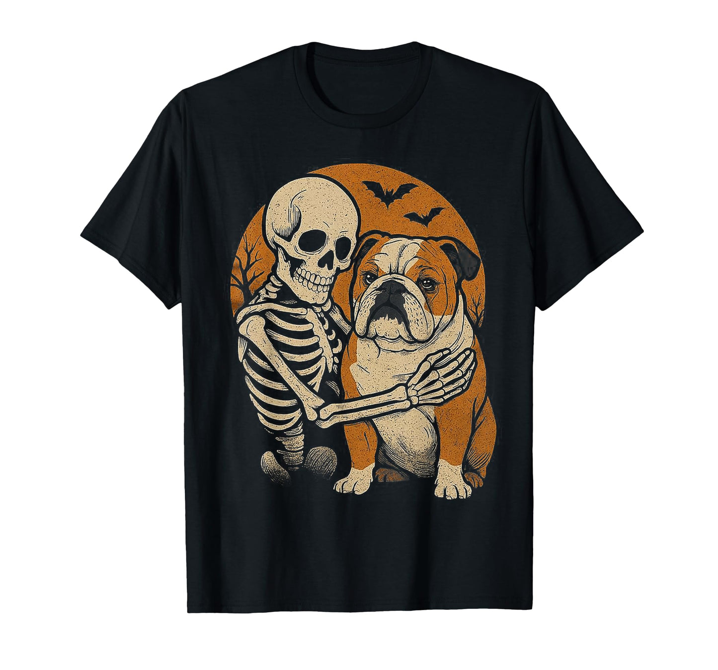 Skeleton Hugging Bulldog Halloween Lover Mom Dad T-Shirt