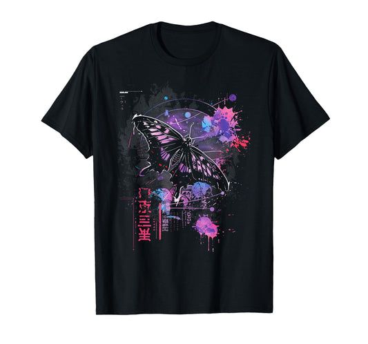 Anime Japanese Goth Cyberpunk City Butterfly Abstract Art T-Shirt