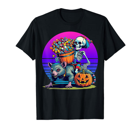 Cute Skeleton Girl Riding Opossum Candy Bucket Halloween T-Shirt