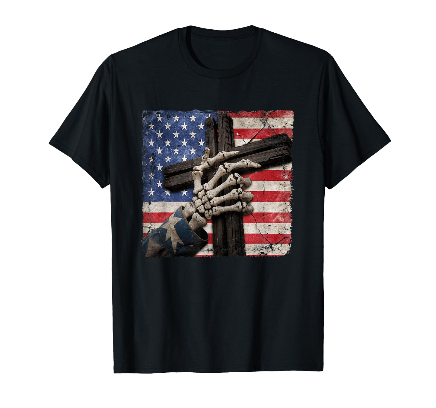 Skeleton Hand Holding Cross American Flag Patriotic Gothic T-Shirt