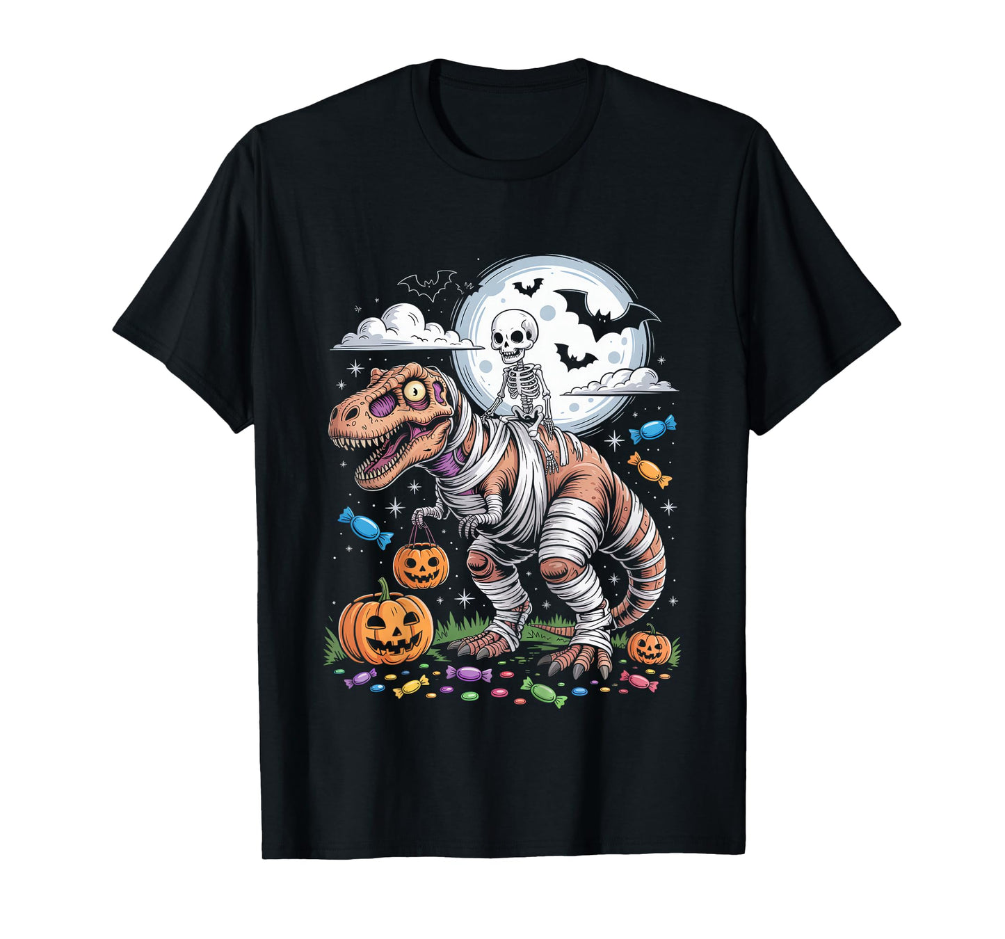 Skeleton Riding Tyrannosaurus Skeleton Halloween Spooky T-Shirt