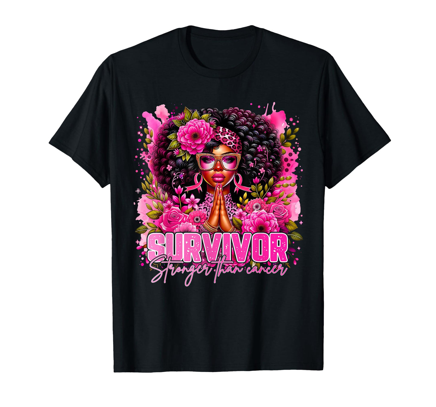 Survivor Stronger Than Cancer Black Woman Pink Breast Cancer T-Shirt