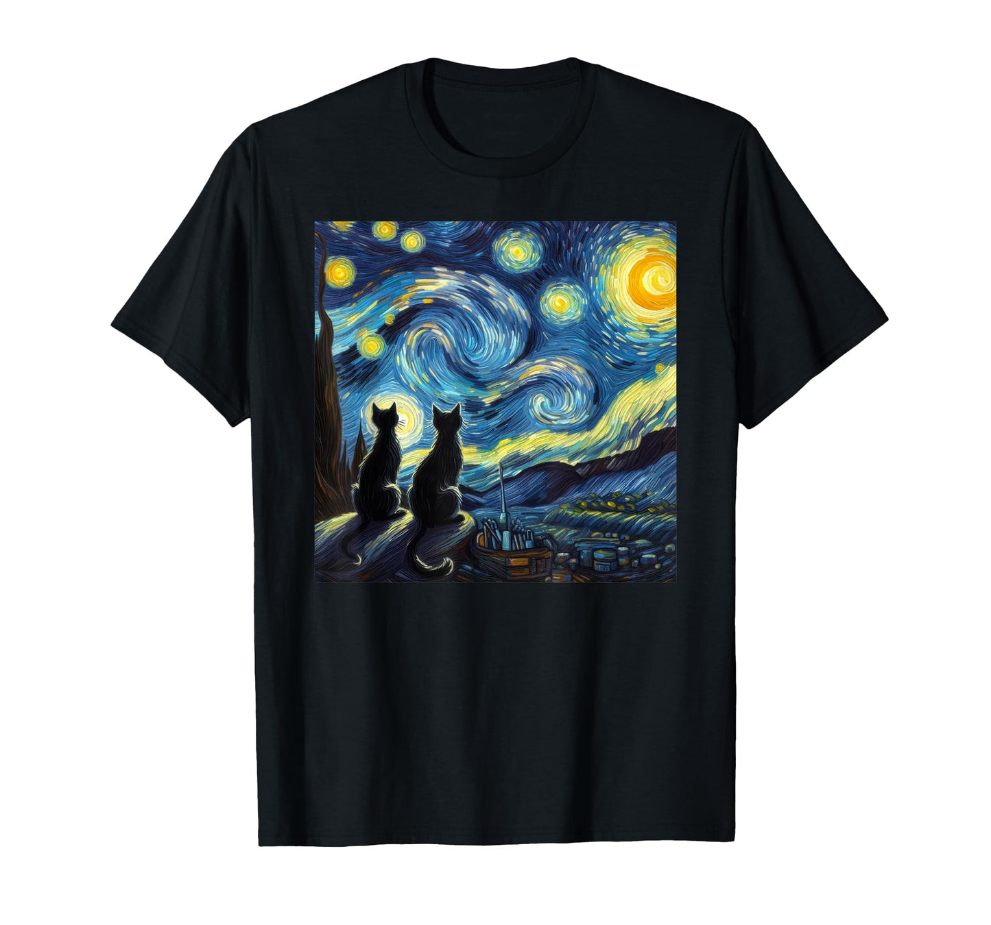 Black Cats Lover Starry Night Van Gogh T-Shirt