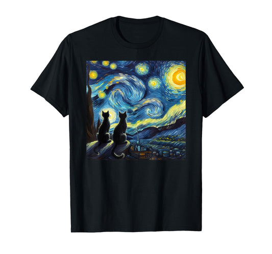 Black Cats Lover Starry Night Van Gogh T-Shirt