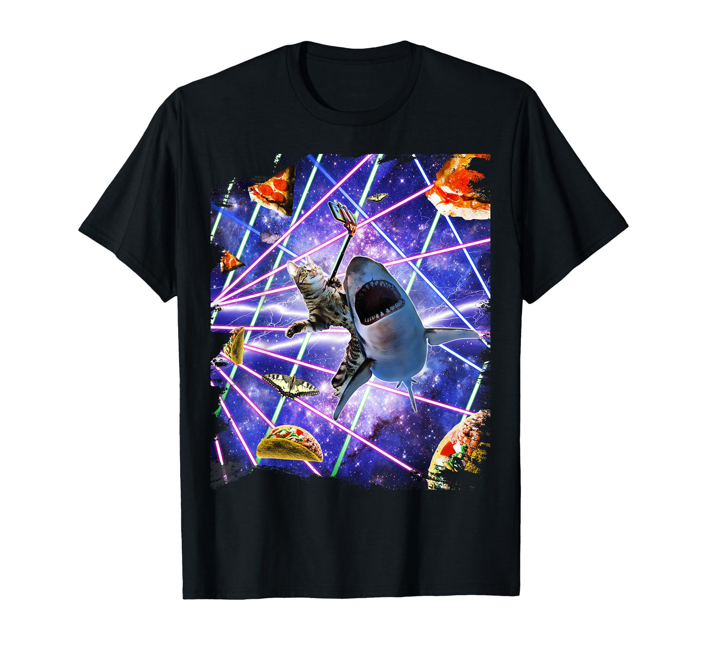 Selfie Cat Riding Shark, Space Rave, Pizza Taco Butterfly T-Shirt