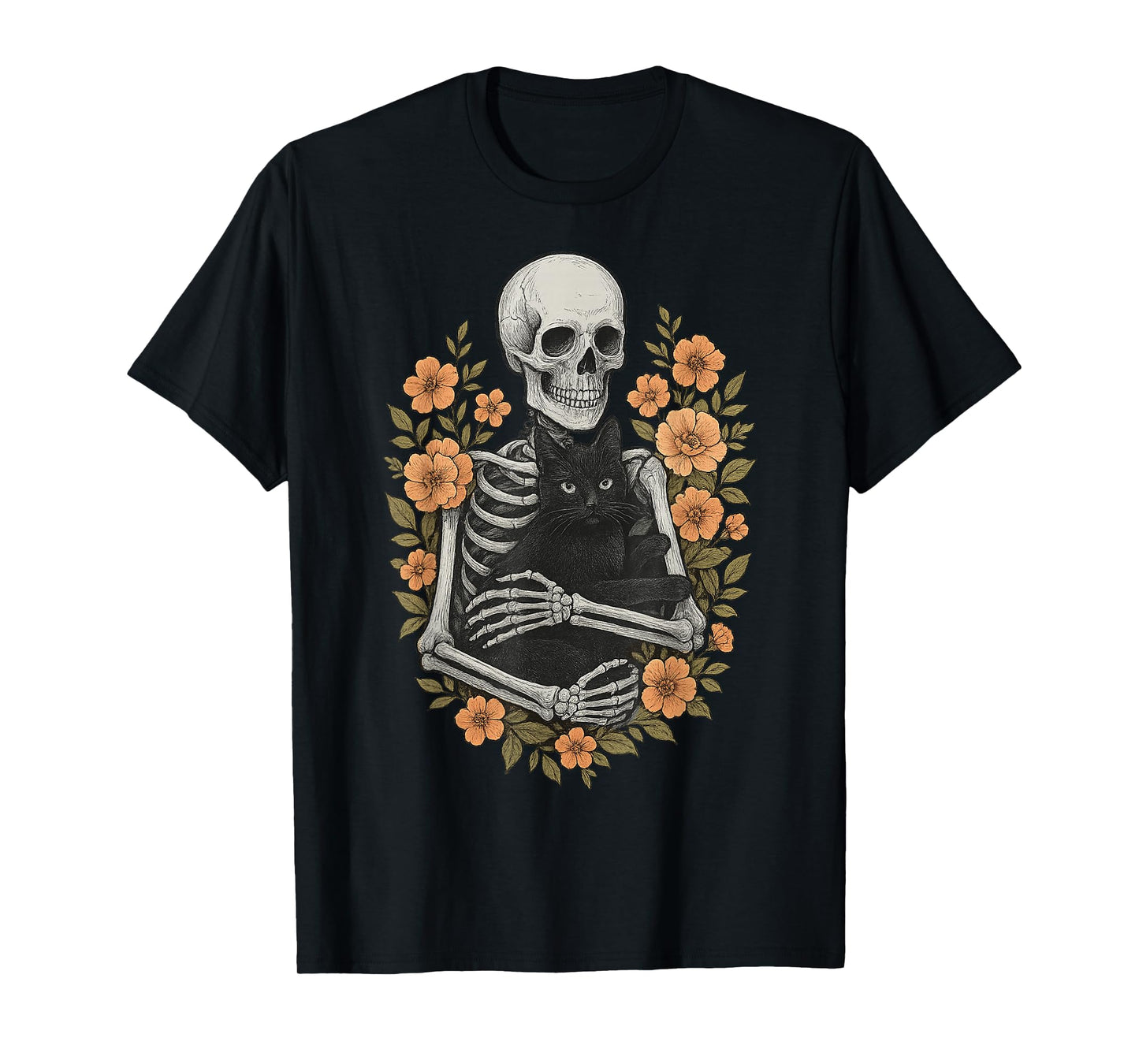 Funny Skeleton Hugging Cat with Floral Halloween T-Shirt