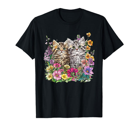 Cute Kittens in Flower Garden T-Shirt