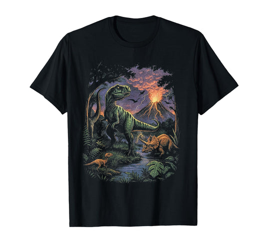 Vintage Dinosaur 90s T Rex and Triceratops Volcano Nature T-Shirt