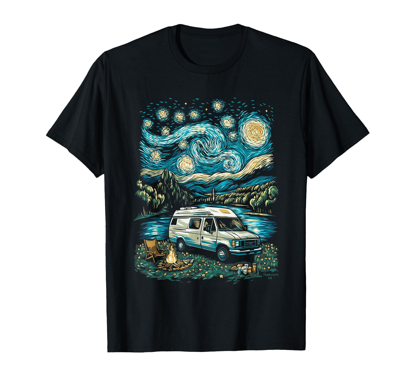 Camper Van Adventure Under Starry Sky Near Flowing River T-Shirt