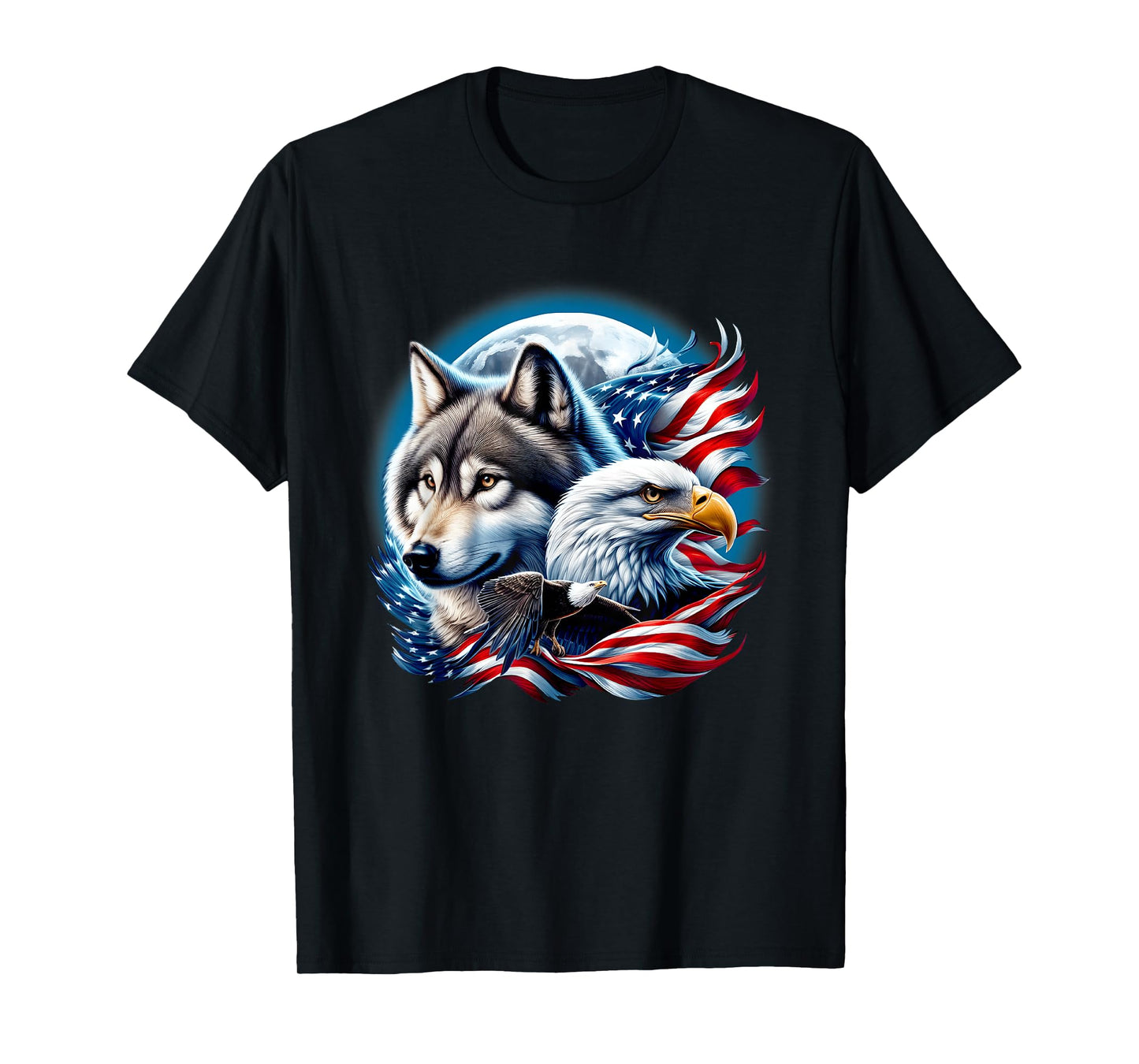 Wolf Bald Eagle American Flag Full Moon New Years Wolf Lover T-Shirt