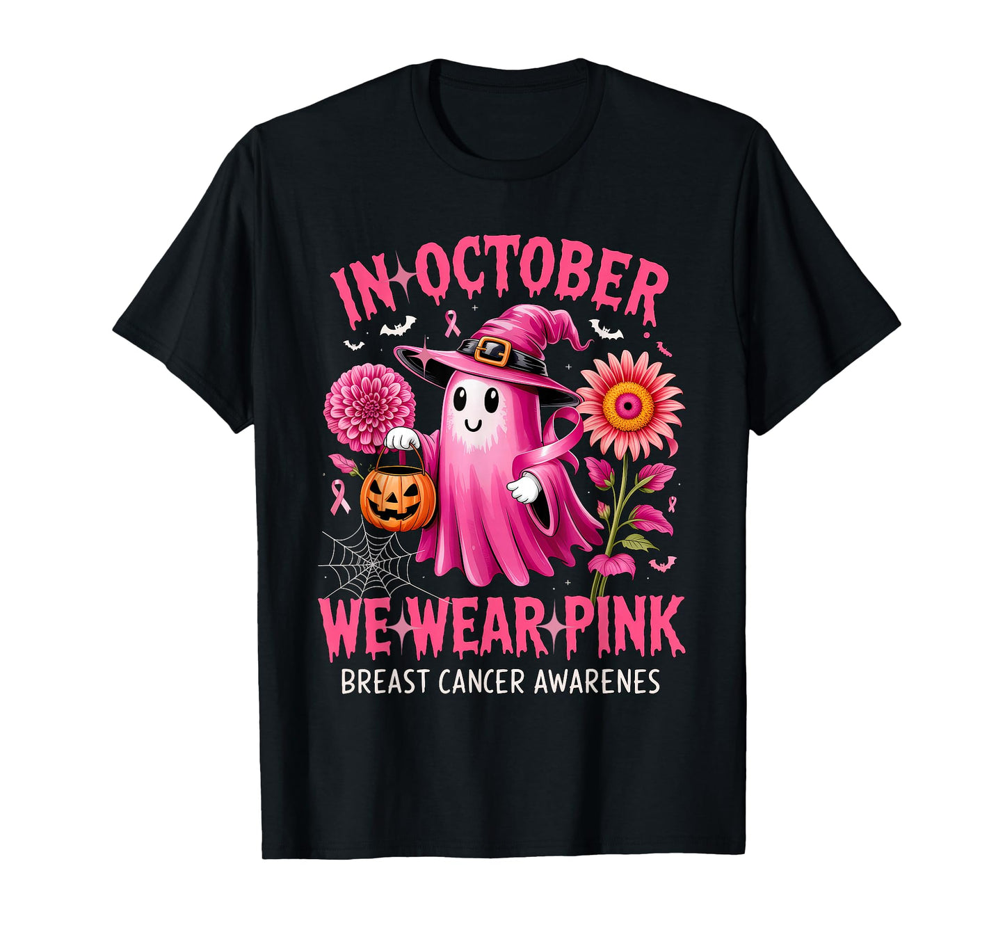 In October We Wear Pink Halloween Shirt Ghost Breast Cancer T-Shirt