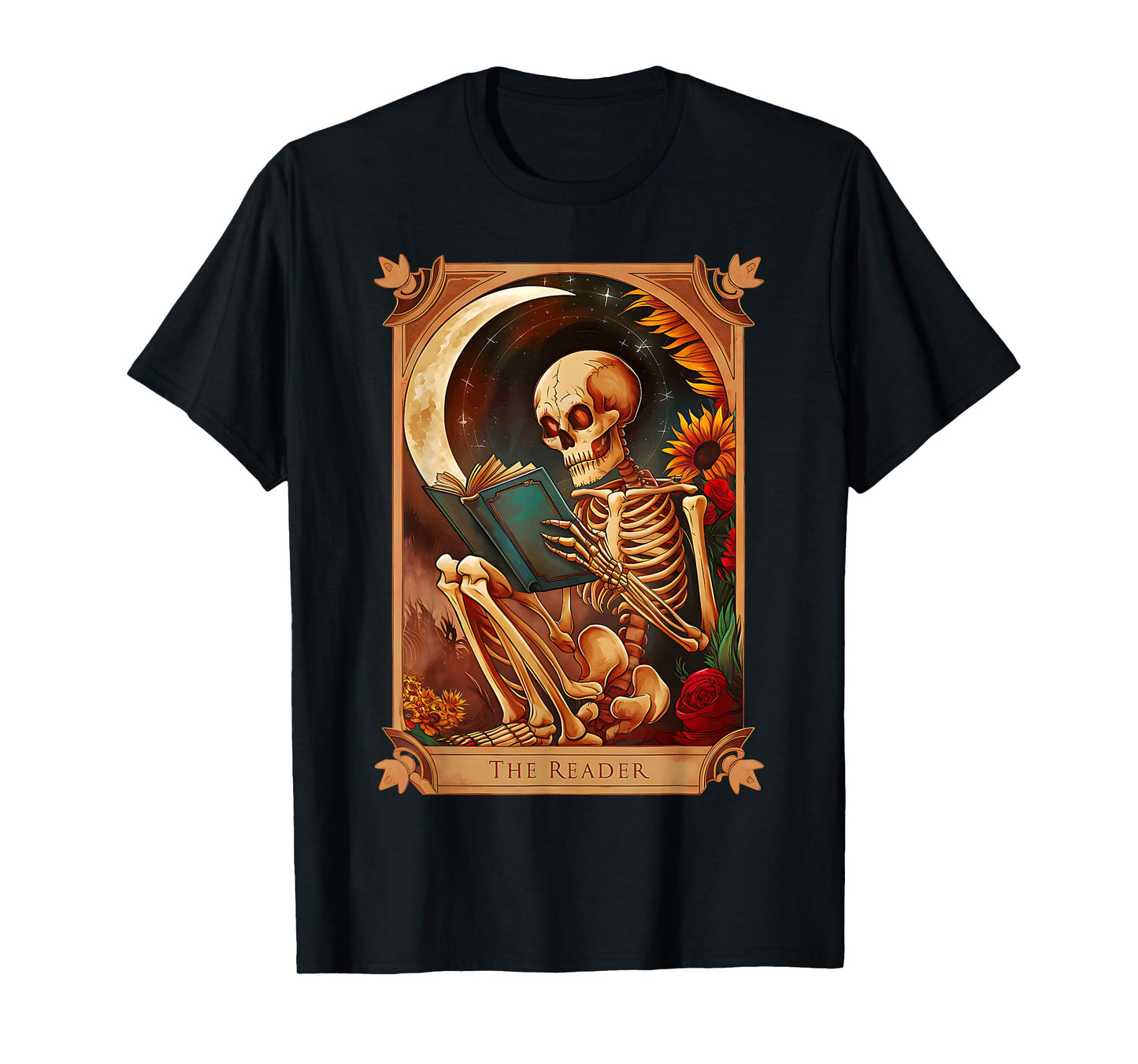 The Reader Tarot Card Skeleton Reading Bookworm Halloween T-Shirt
