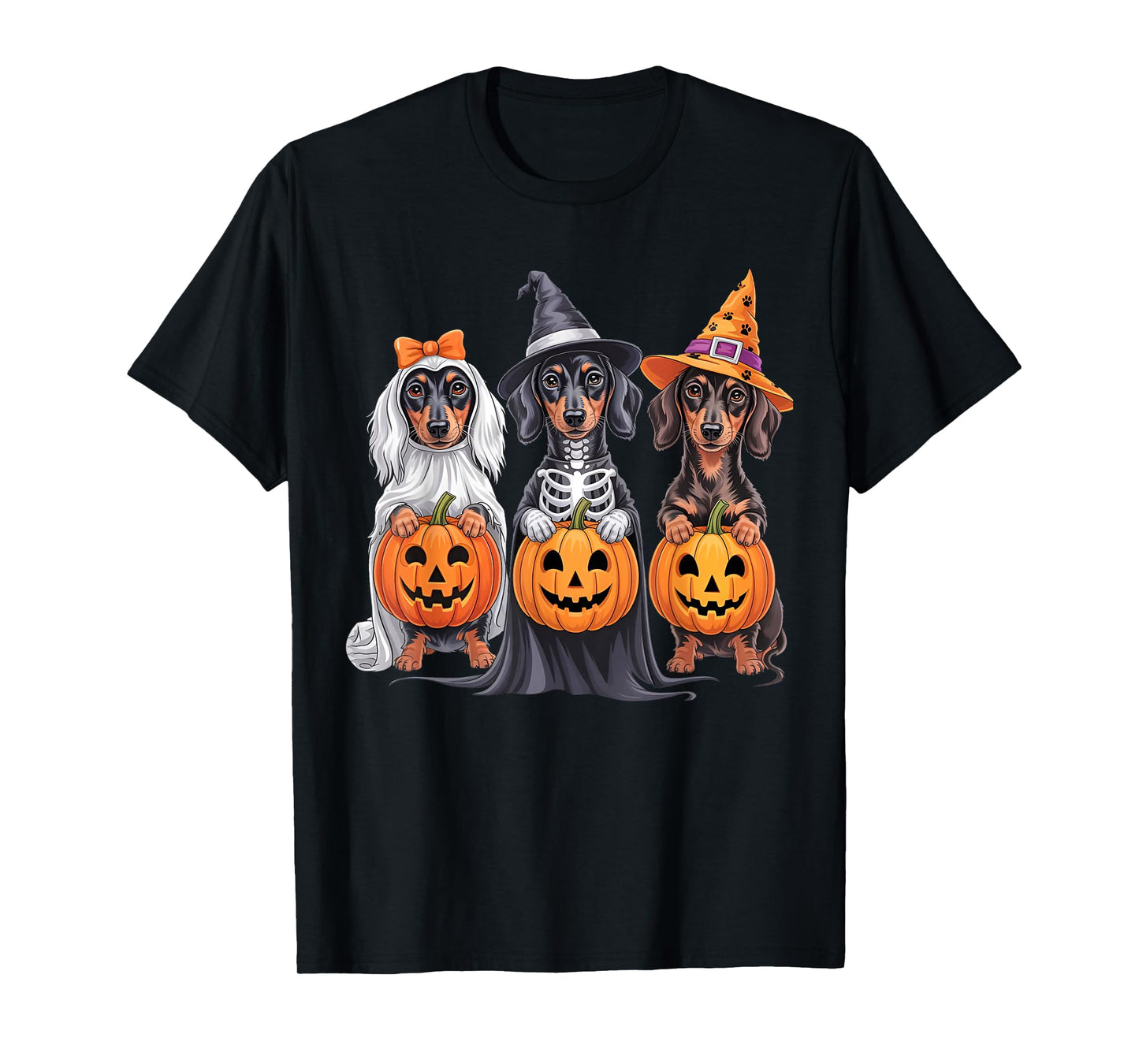 Funny Dachshund Halloween Pumpkin Weenie Dog Skeleton Ghost T-Shirt