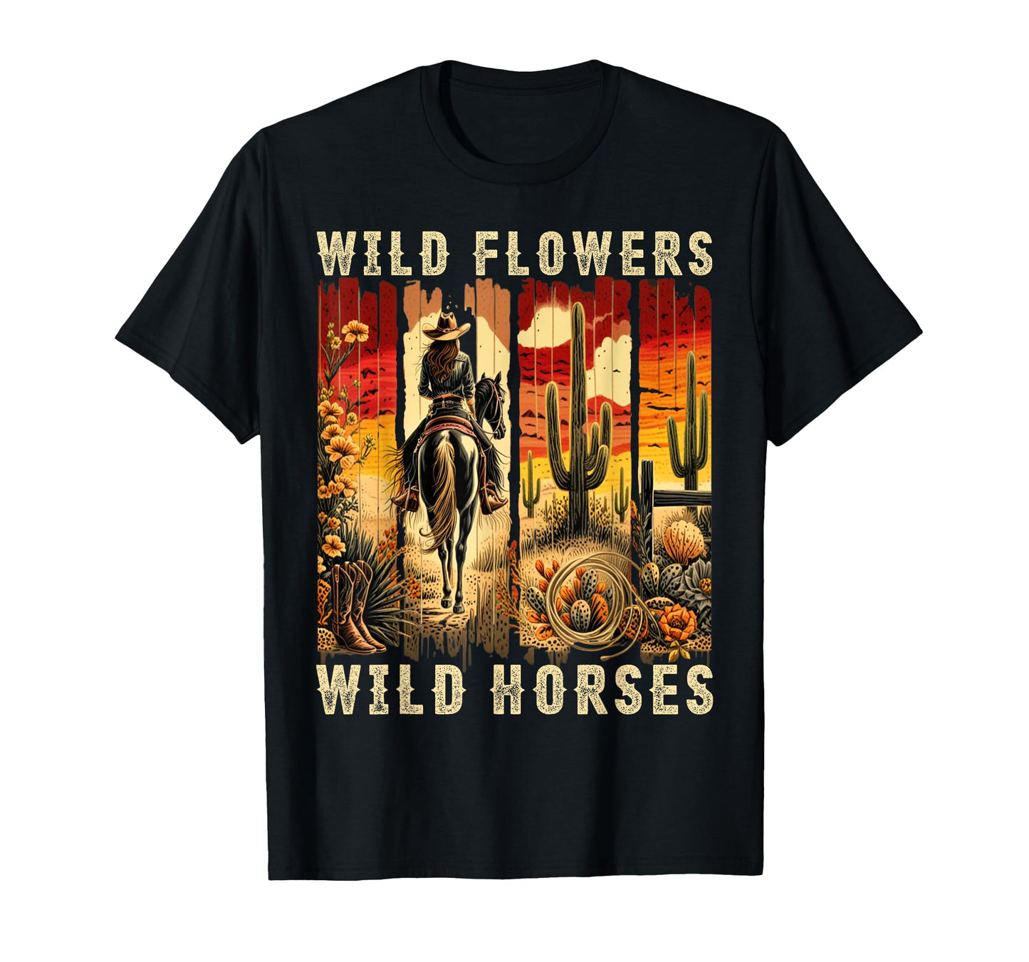 Wild Flowers Wild Horses Sunset Cowgirl Girls Women Nature T-Shirt