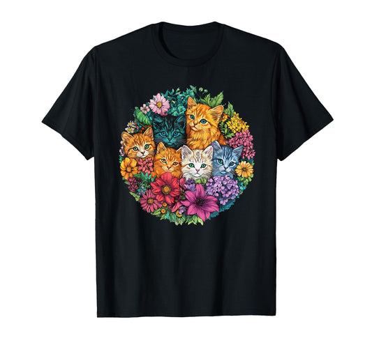 Cute Cats Surrounded By Vibrant Flowers T-Shirt