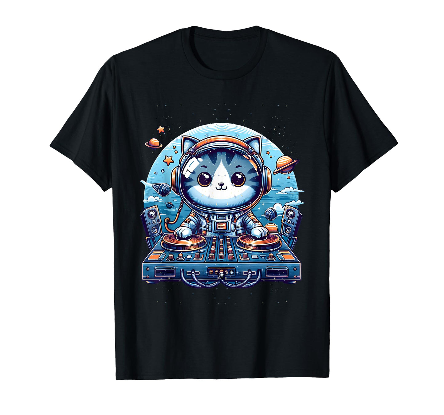 DJ Cat Cute Space Cat Disc Jockey Cat in Astronaut Suit T-Shirt