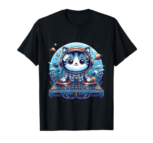 DJ Cat Cute Space Cat Disc Jockey Cat in Astronaut Suit T-Shirt