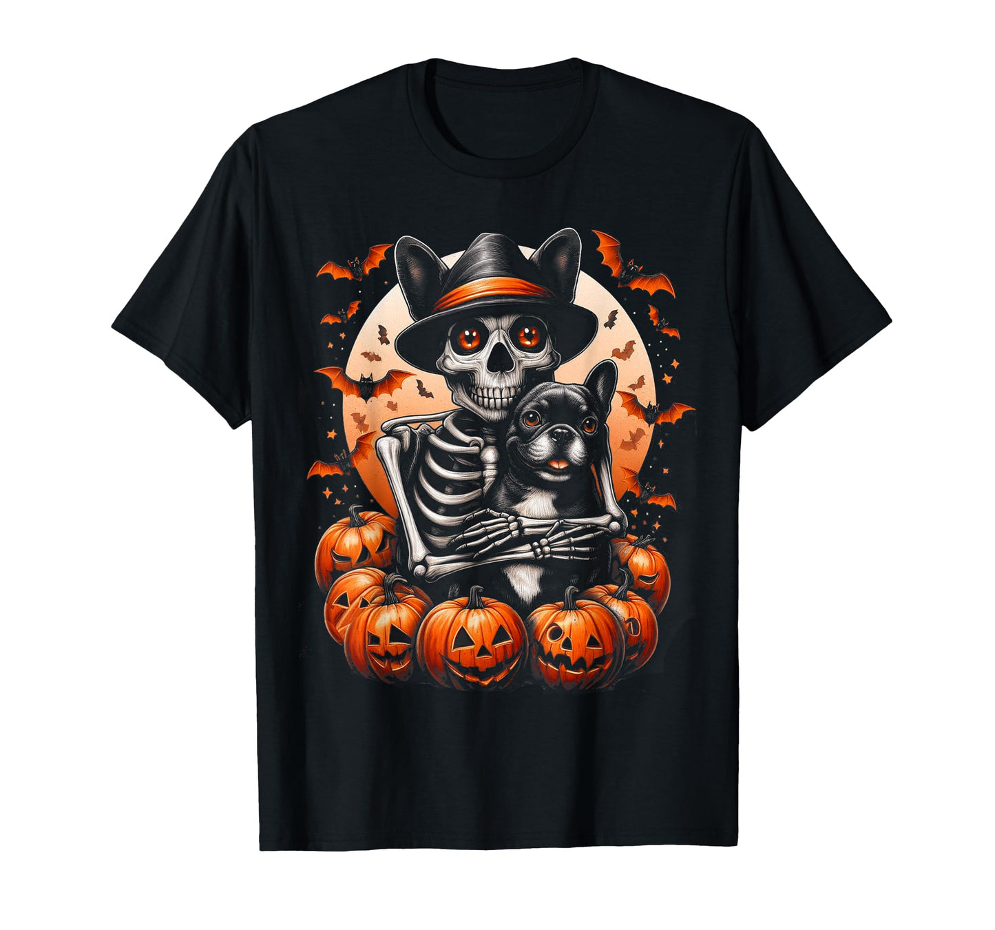 Skeleton Hugging French Bulldog Halloween Lover Mom Dad T-Shirt