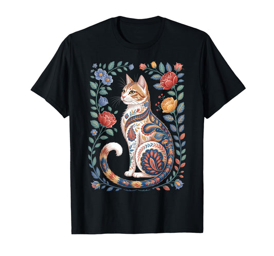 Cute Cat Lover Vintage Flowers Art Pattern Aesthetic T-Shirt