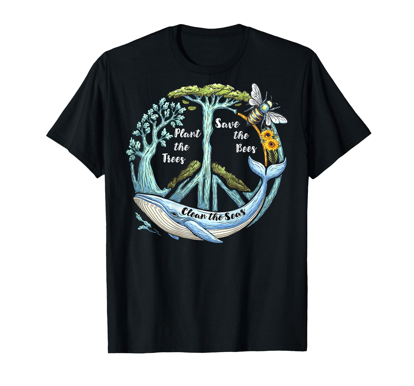 On Back Plant the Trees Save the Bees Peace Sign Earth Day T-Shirt