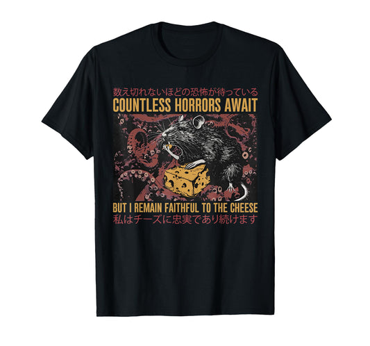 Japanese Horror Rat Retro Countless Horrors Await T-Shirt, Small, Black