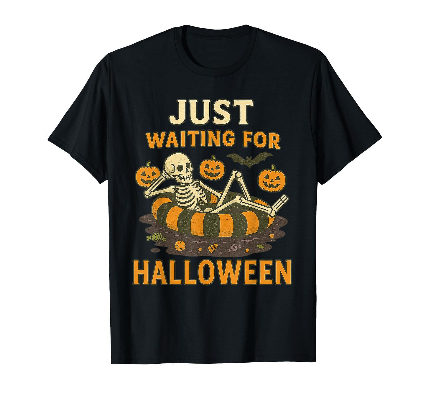 Just Waiting for Halloween Funny Skeleton Spooky Summerween T-Shirt