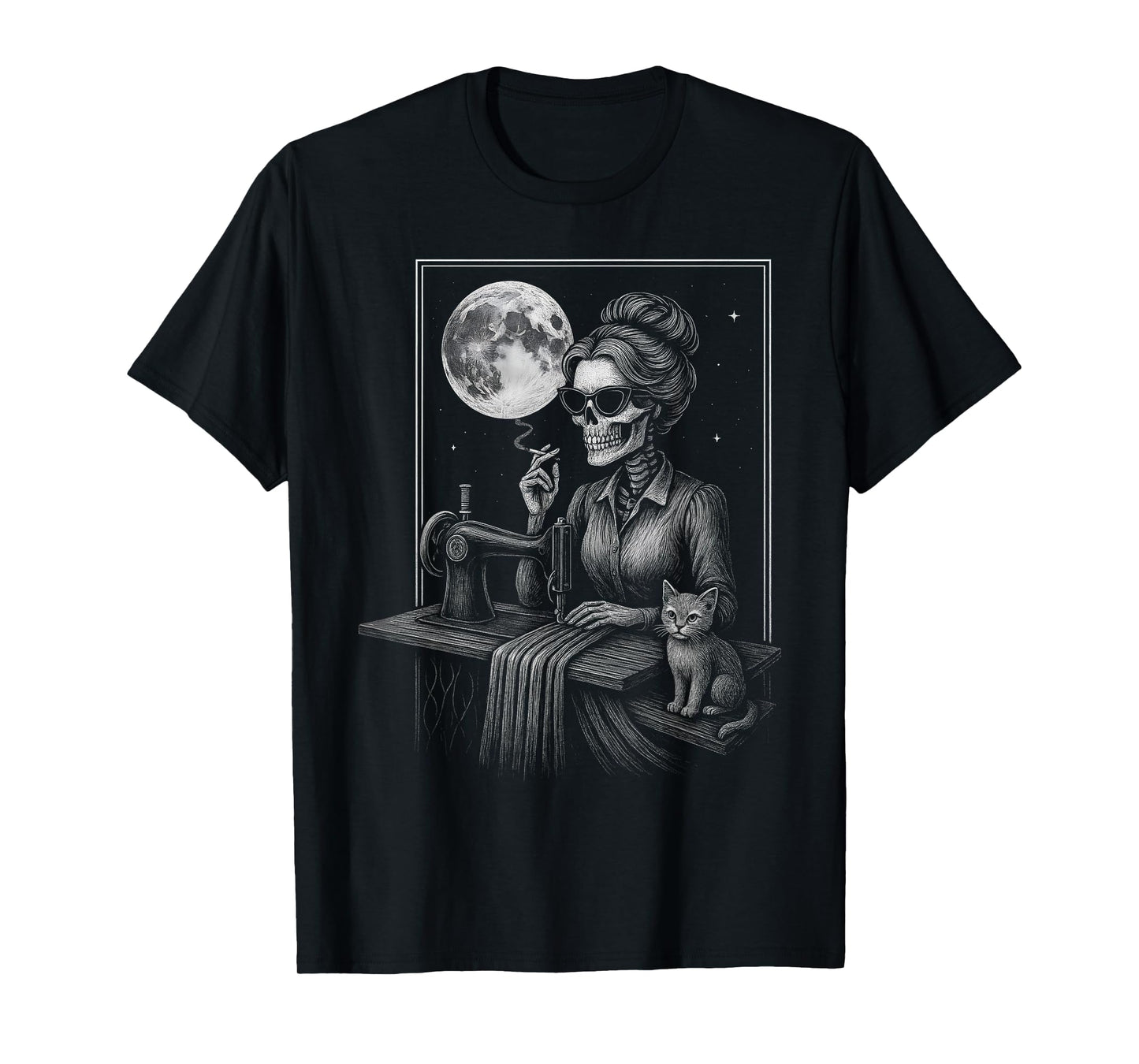 Messy Bun Skeleton Sewer Quilter Skull Halloween Cat Woodcut T-Shirt