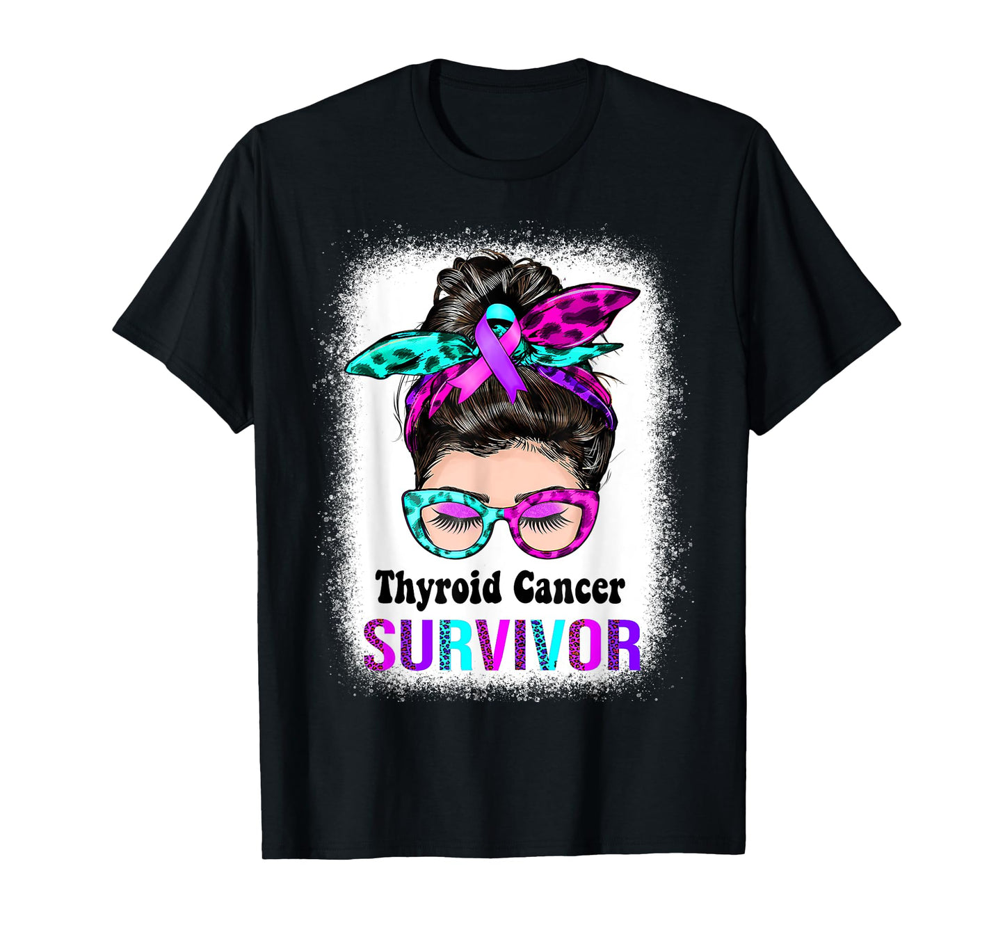 Thyroid Cancer Survivor Messy Bun Teal/Pink/Blue ribbon T-Shirt