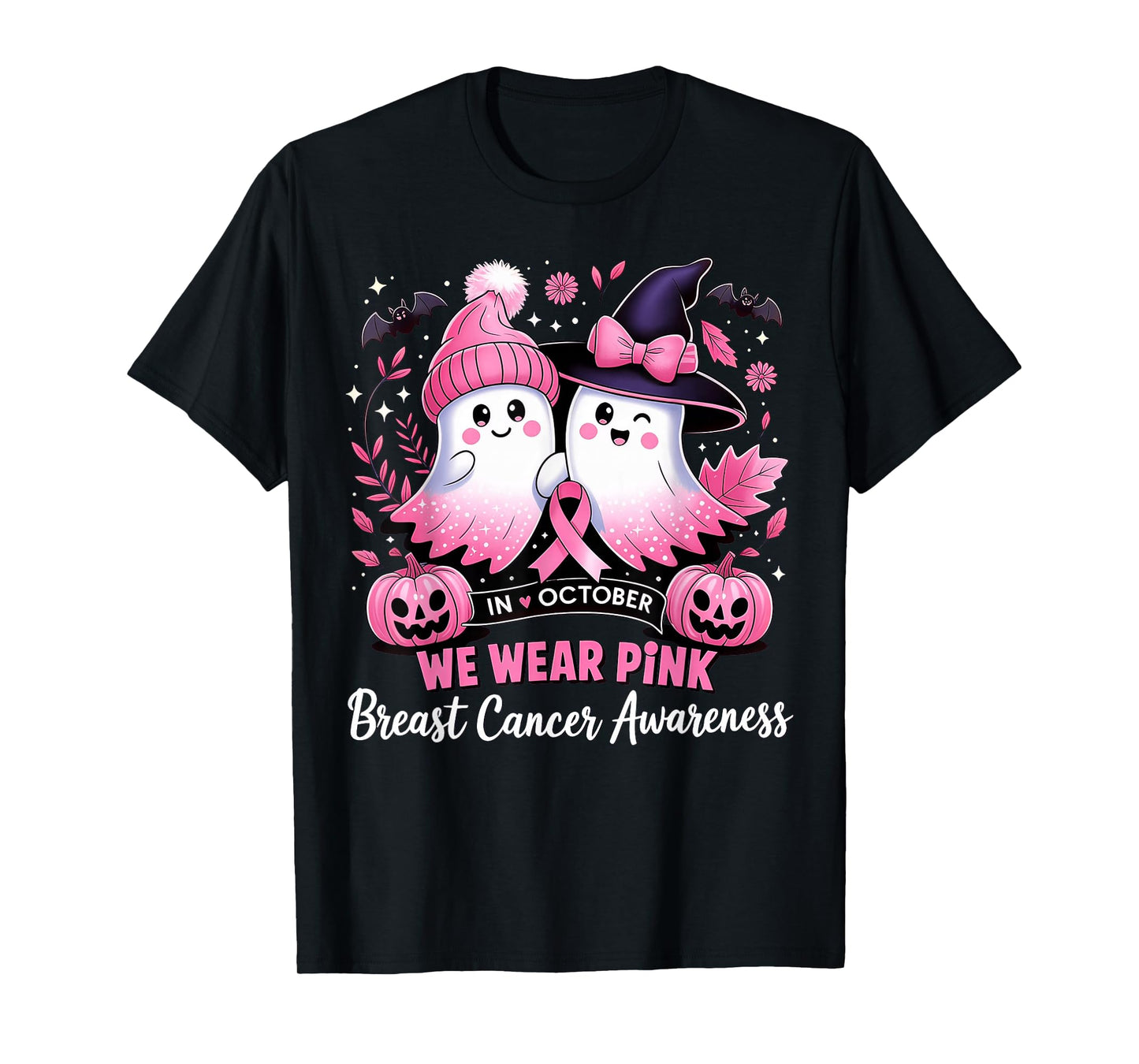 in October We Wear Pink Ghost Witch Breast Cancer Awareness T-Shirt