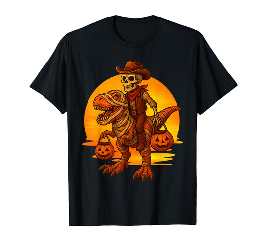 Cowboy Skeleton Riding Mummy Dinosaur T-Rex Retro Halloween T-Shirt