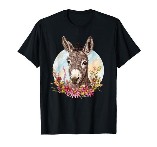 Adorable Donkey Surrounded By Colorful Flowers T-Shirt
