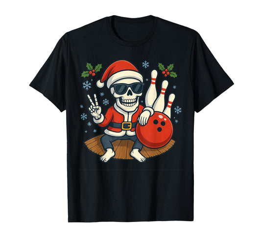 Cute Santa Skeleton Bowling Christmas Funny Holiday Vibes T-Shirt