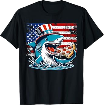 Funny Shark Eating Pizza 4th of July Shark with USA Flag T-Shirt