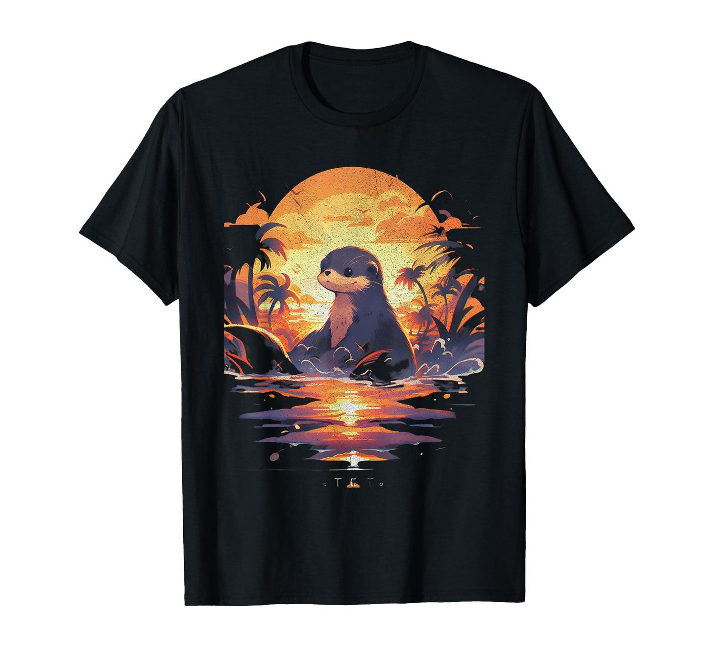 Cute Sunset Otter Tropical Beach Illustration Animal T-Shirt