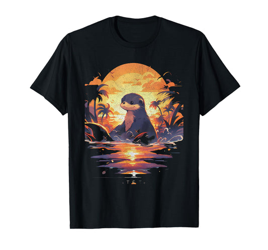 Cute Sunset Otter Tropical Beach Illustration Animal T-Shirt