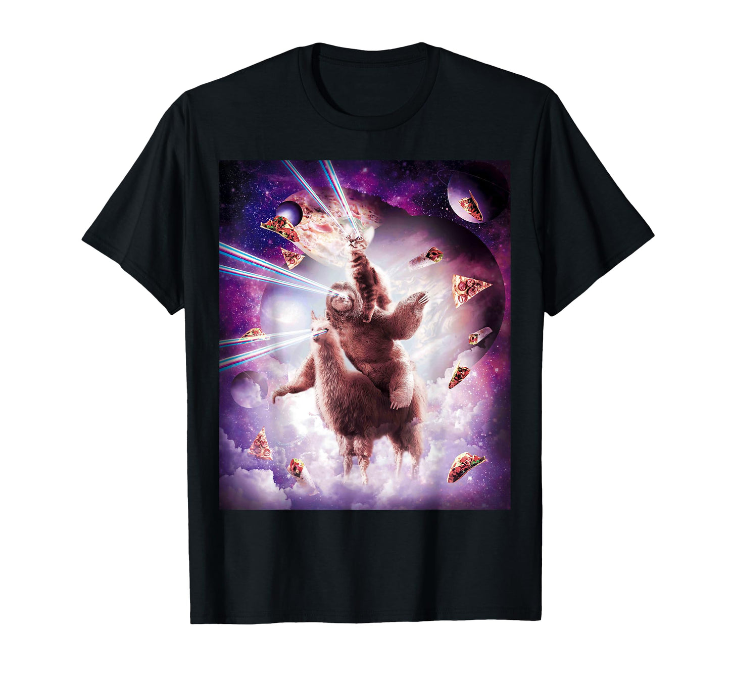Laser Eyes Space Cat Riding Sloth, Llama - Rainbow T-Shirt