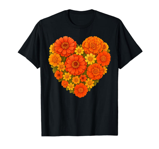 Heart Shaped Orange Yellow Marigold Zinnia Bouquet Botanical T-Shirt