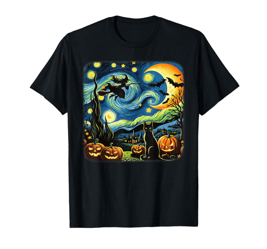 Halloween Witch Van Gogh Starry Night Black Cat Pumpkin Bats T-Shirt
