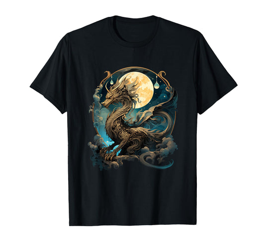 Beautiful Lunar Gold Dragon Floral Art Noveau T-Shirt