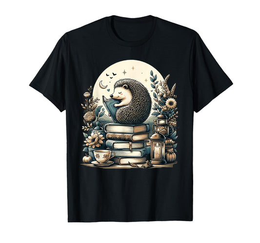 Cute Cottagecore Aesthetic Hedgehog Reading Book Nerd T-Shirt