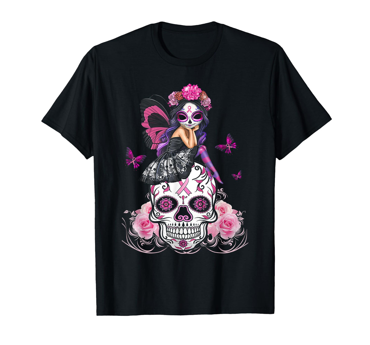 Cute Fairy Sugar Skull Breast Cancer Butterfly Pink Ribbon T-Shirt