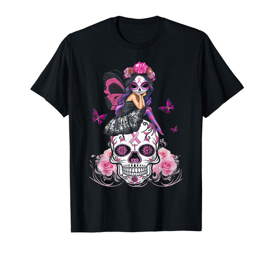 Cute Fairy Sugar Skull Breast Cancer Butterfly Pink Ribbon T-Shirt