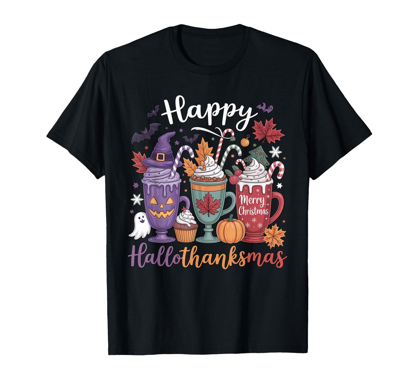 Happy Hallothanksmas Coffee Lover Halloween Merry Christmas T-Shirt