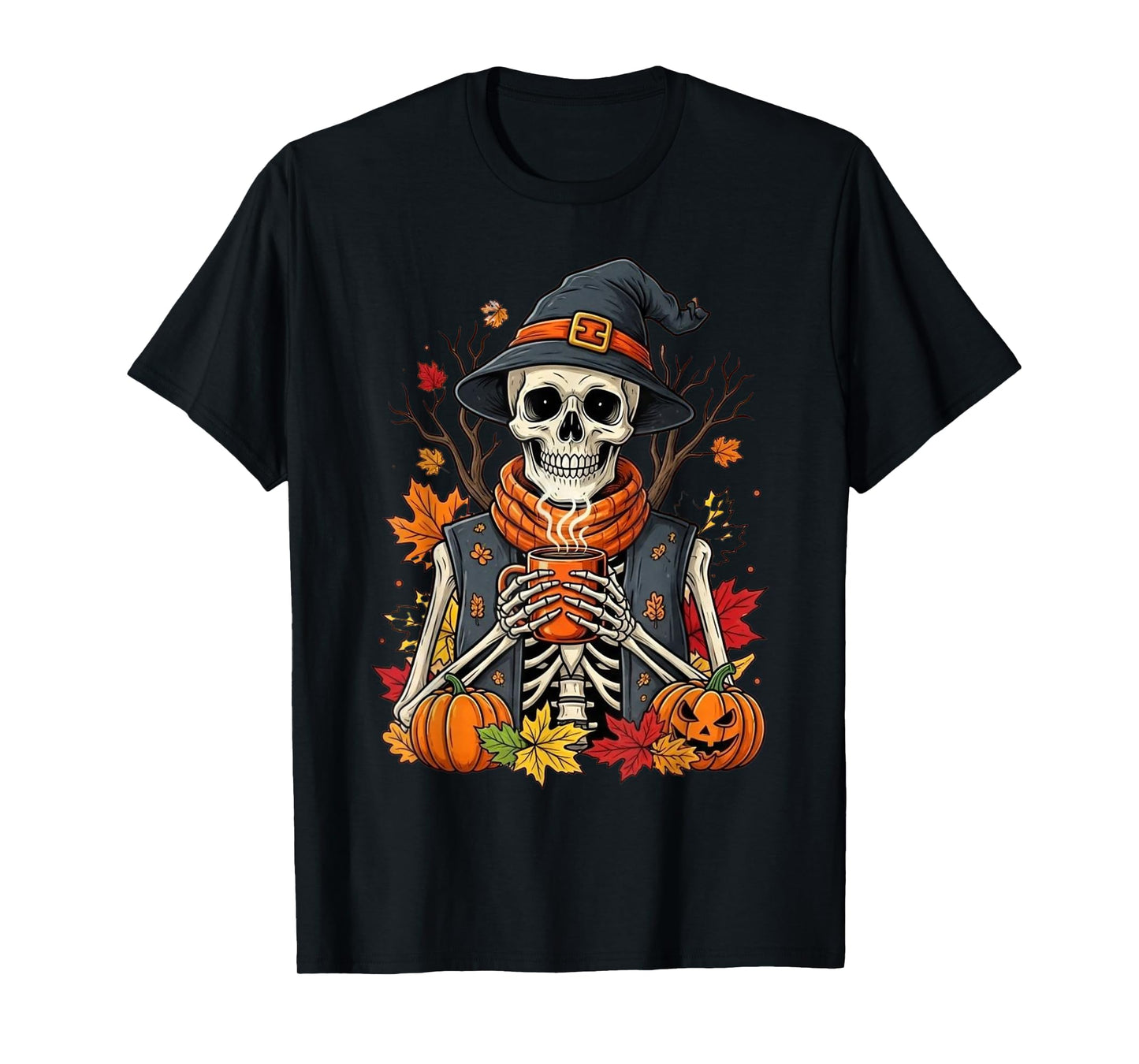Comfy Fall Skeleton Drinking Coffee – Funny Spooky Halloween T-Shirt