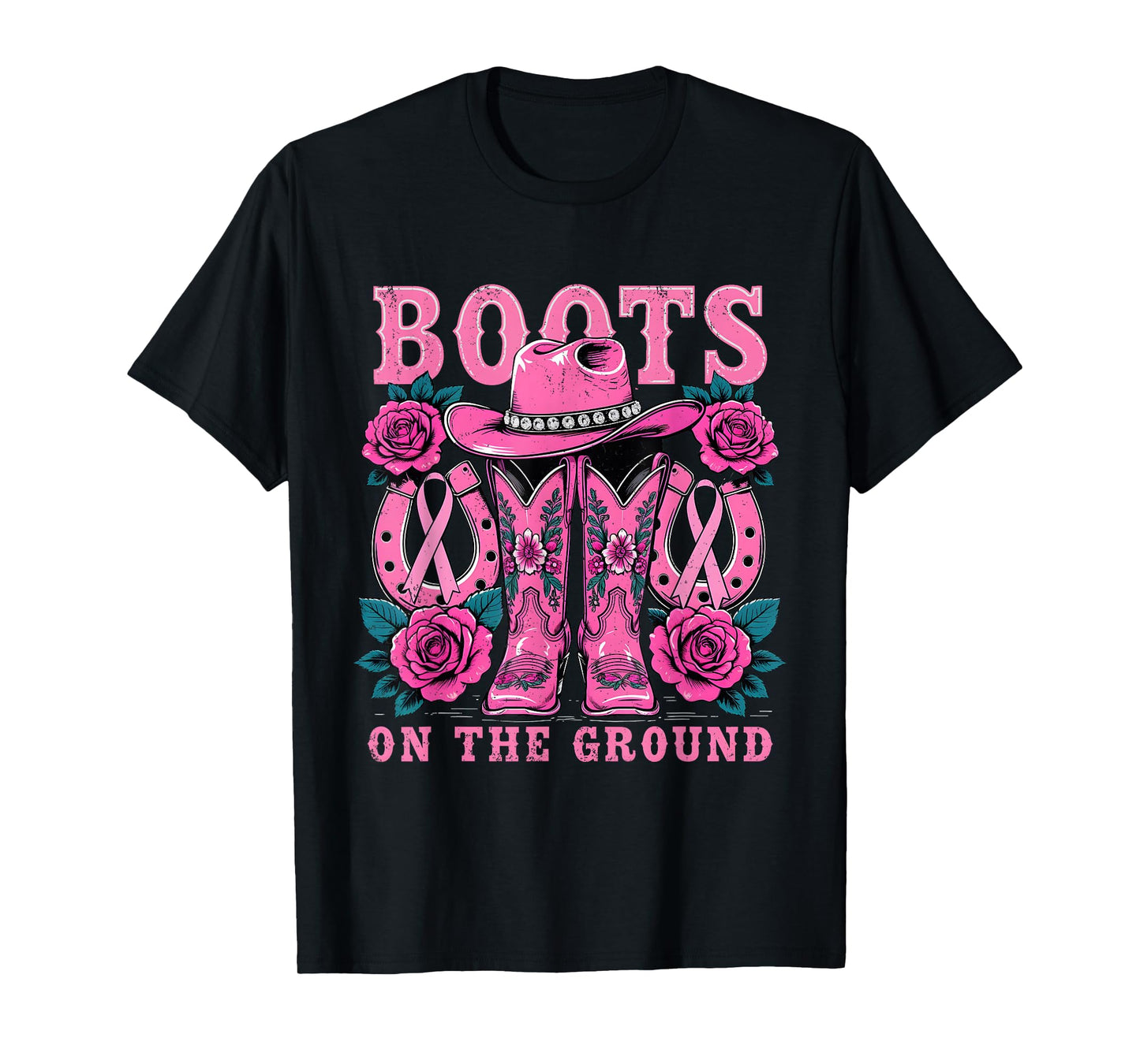 Boots On The Ground Pink Western Cowgirl Breast Cancer T-Shirt
