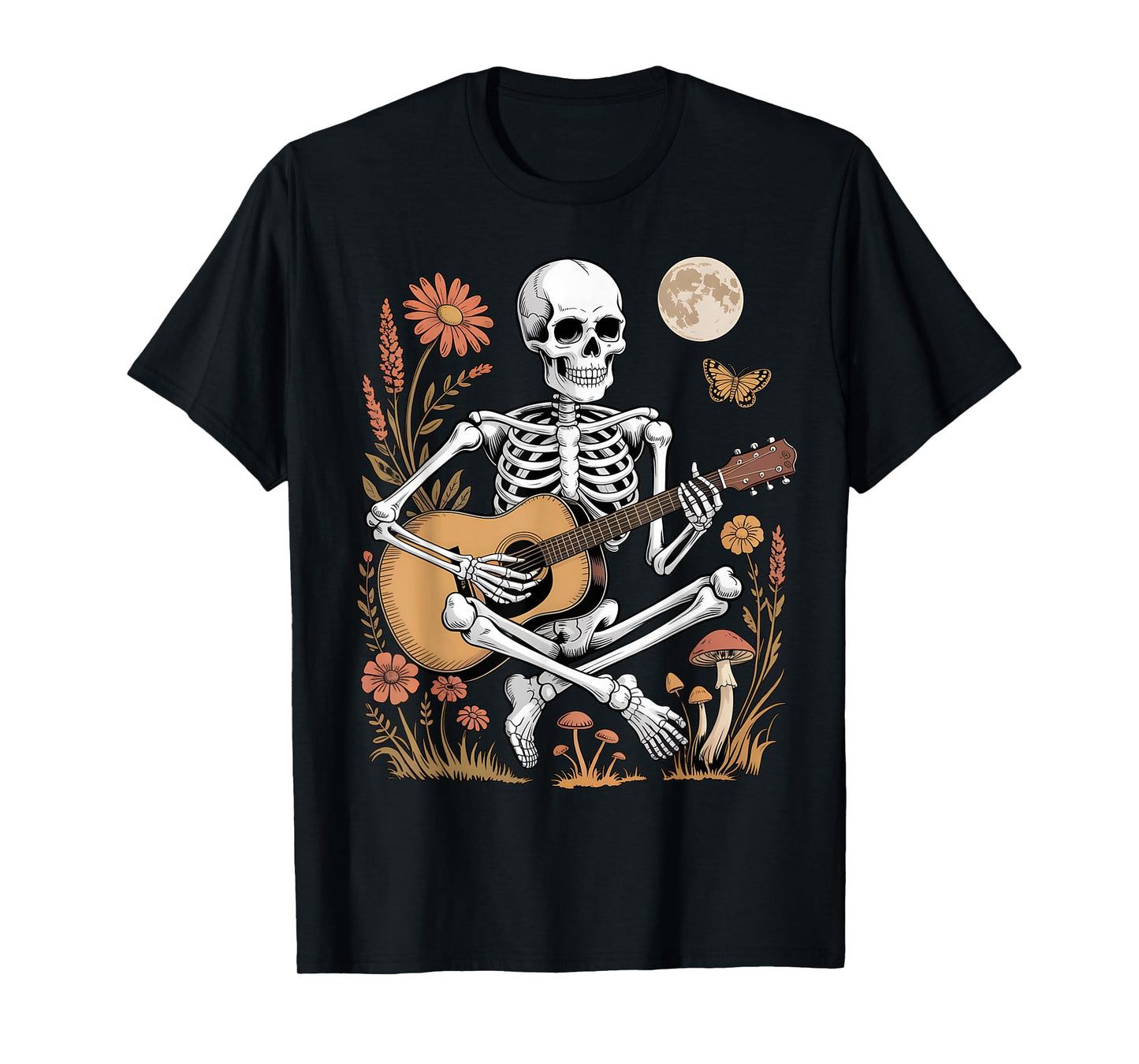 Skeleton Guitar Folk Music Halloween Autumn Night Scene T-Shirt
