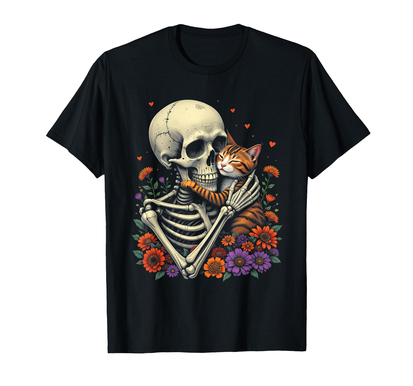 Skeleton Hugging Cat Halloween Floral Cat Lover Cat Mom Dad T-Shirt